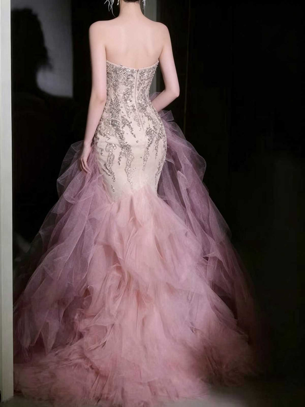 Blush Satin Strapless Butterfly Print Evening Gown