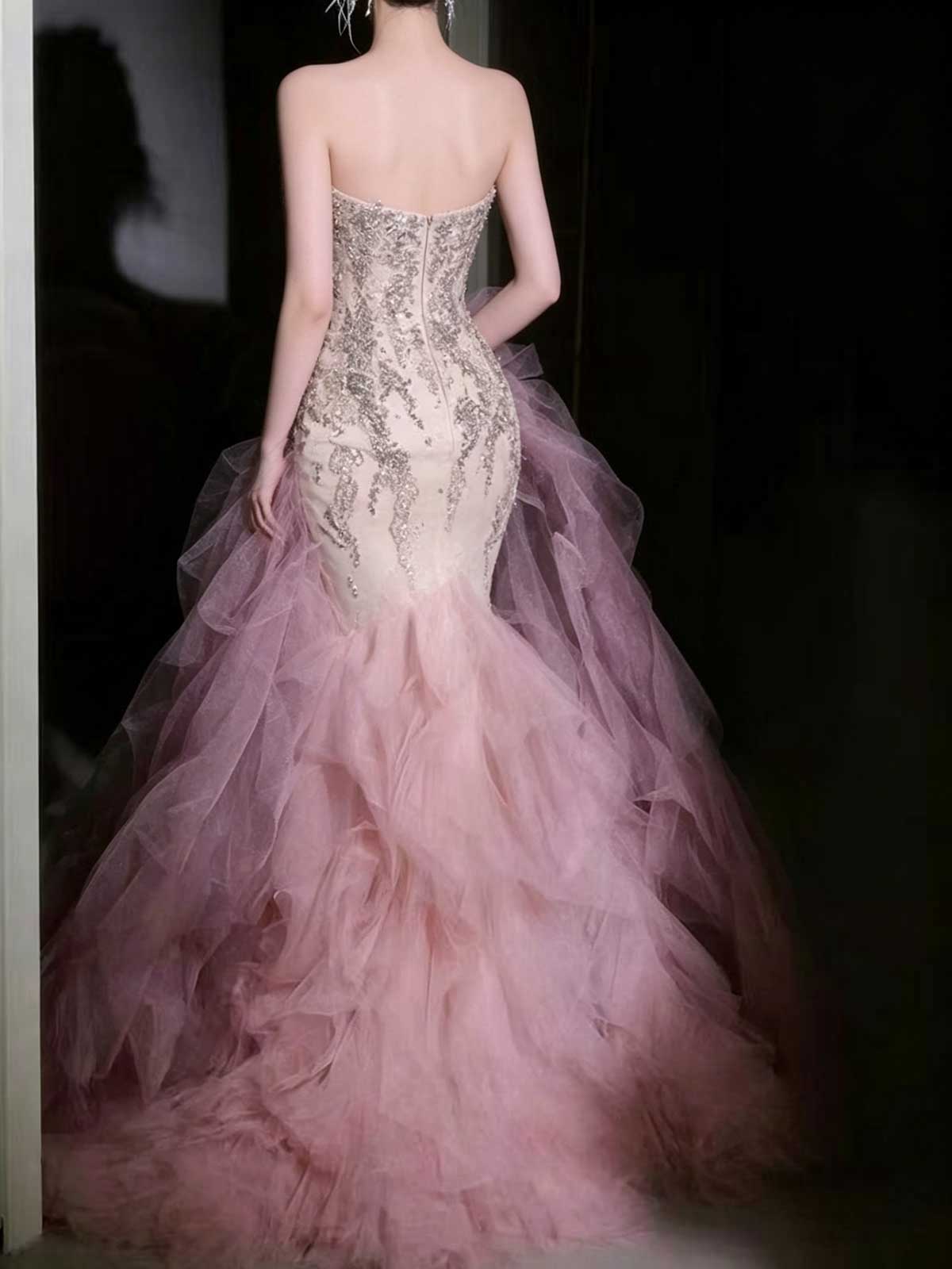 Blush Satin Strapless Butterfly Print Evening Gown