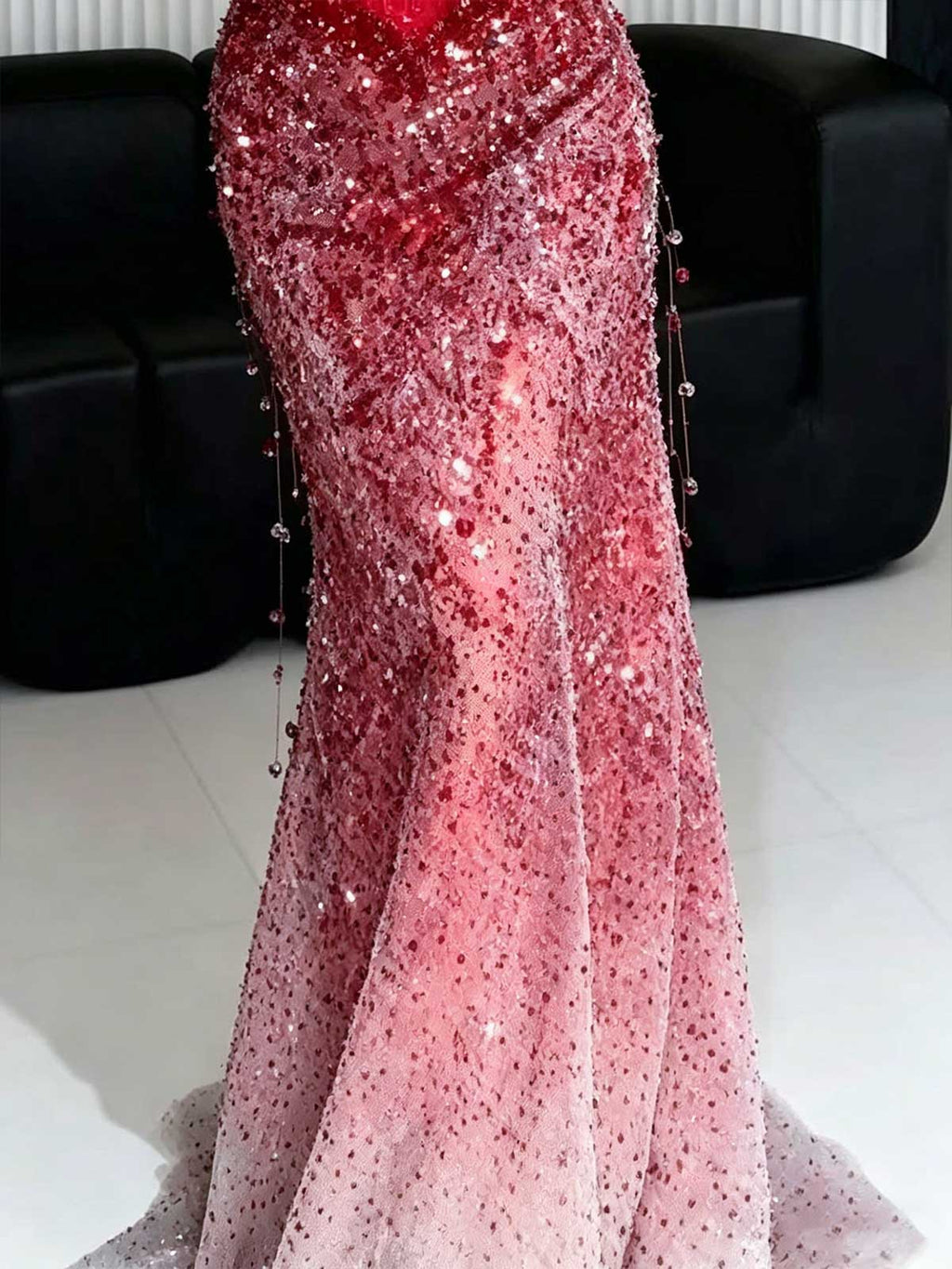 Red Satin Corset Gradient Sequin Strapless Mermaid Evening Gown with Gloves