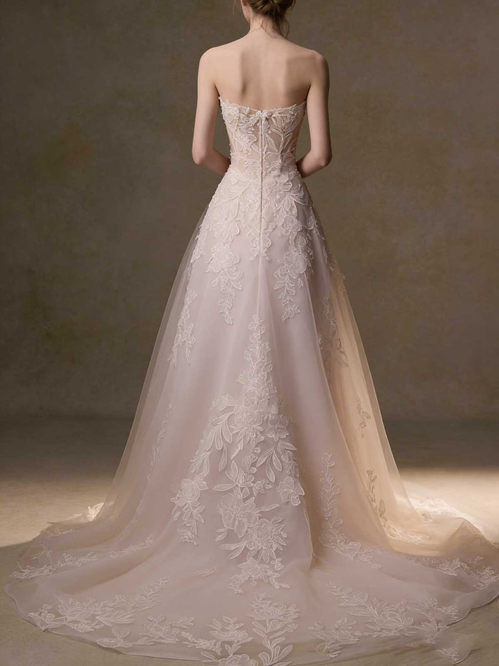 Ethereal Floral Lace Tulle Wedding Gown with Sheer Bodice