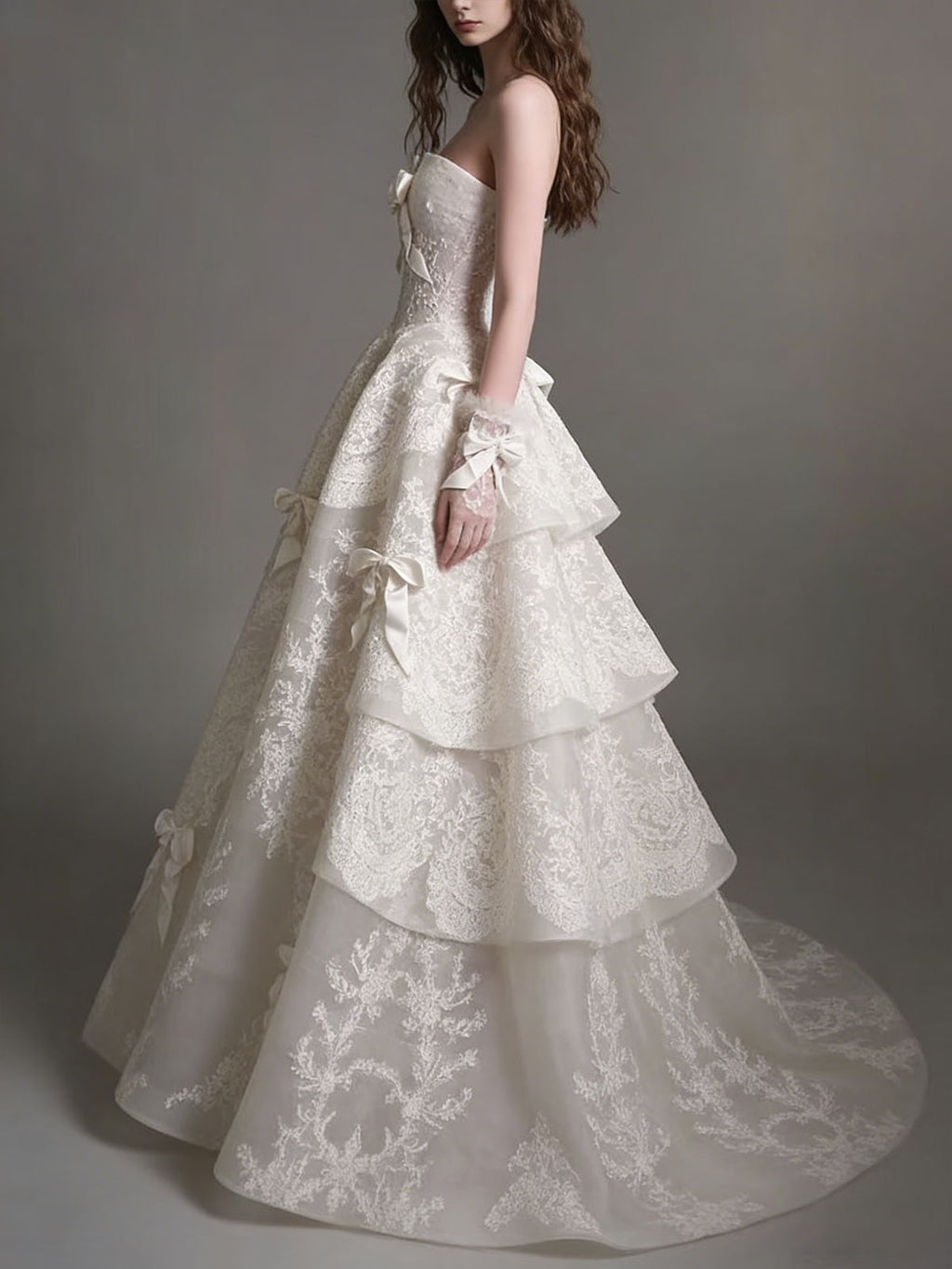 Vintage Lace Bow Strapless A-Line Wedding Dress with Train