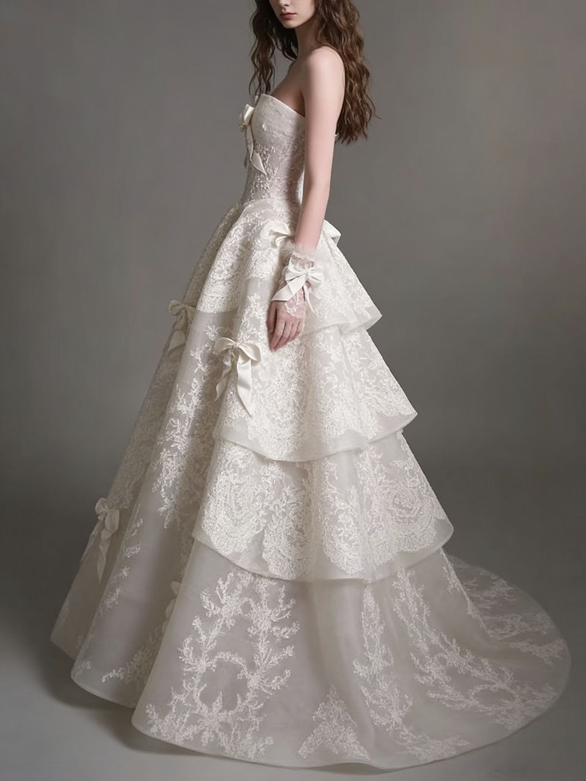 Vintage Lace Bow Strapless A-Line Wedding Dress with Train