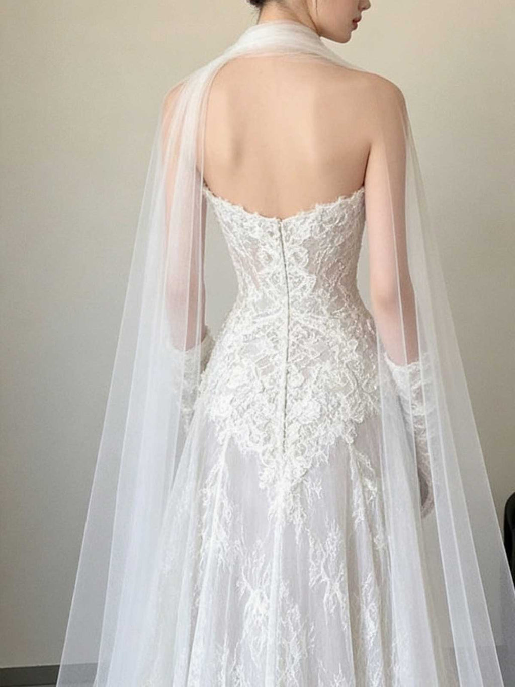 White Strapless Lace A-Line Gown with Scalloped Neckline & Chapel Train