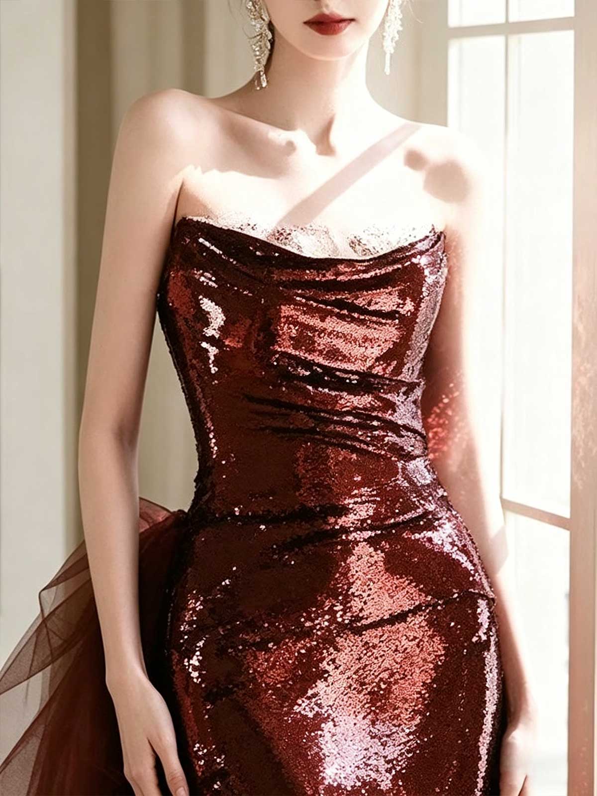 Burgundy Strapless Sequin Mermaid Evening Gown with Tulle Train