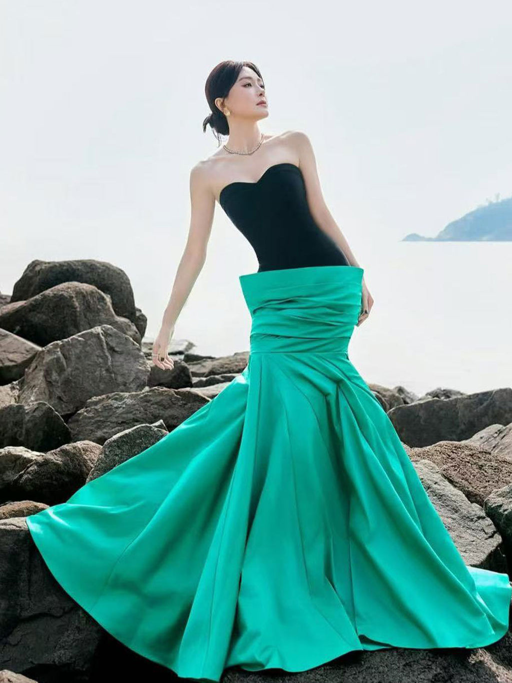 Two-Tone Satin Mermaid Gown with Folded Waist Detail