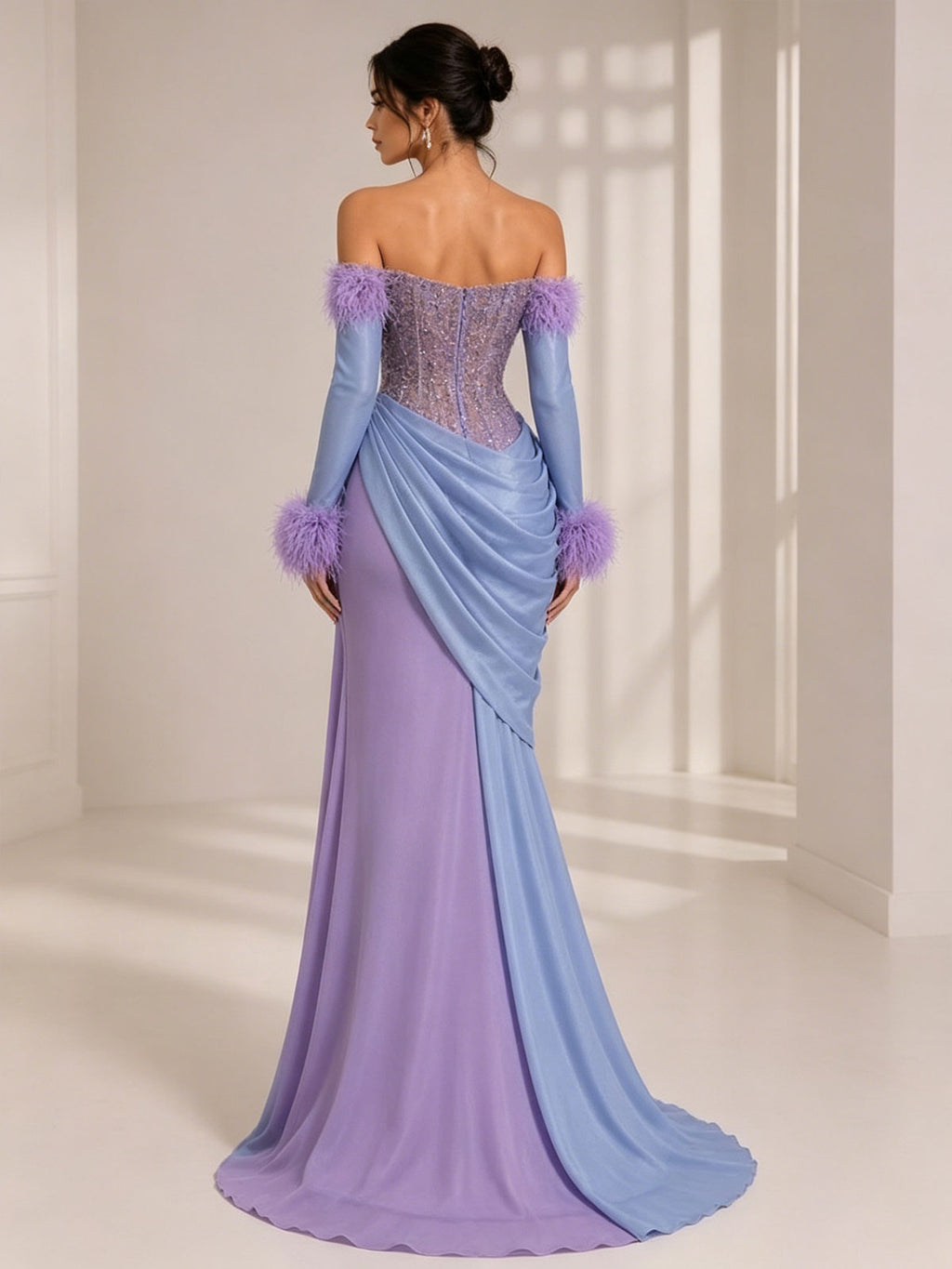 Strapless Two-Tone Feather Sleeve Rose Draped Mermaid Evening Gown