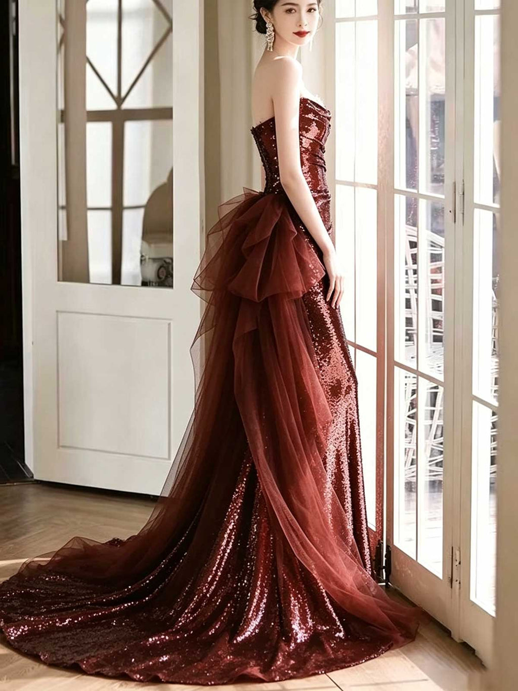 Burgundy Strapless Sequin Mermaid Evening Gown with Tulle Train