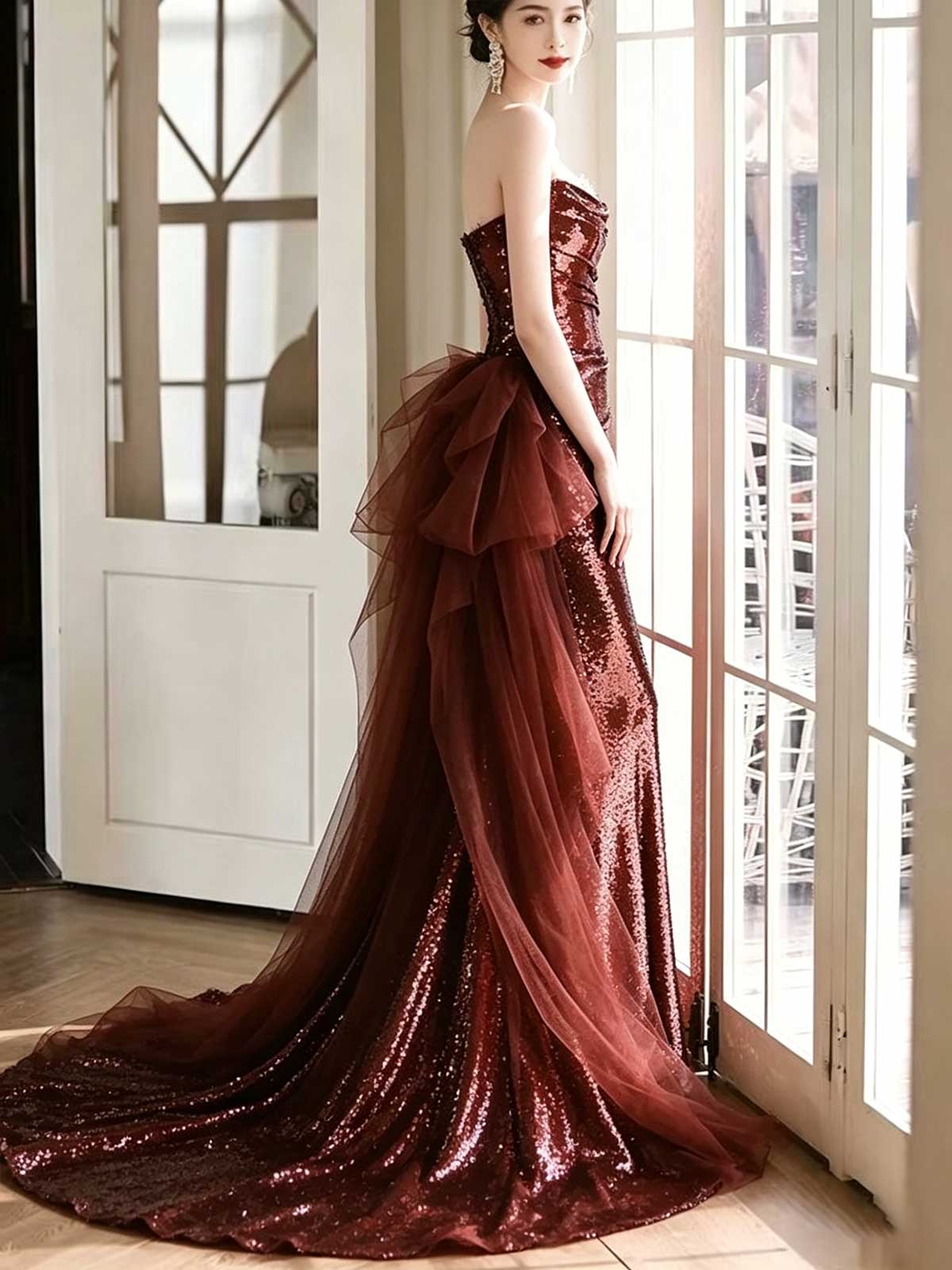 Burgundy Strapless Sequin Mermaid Evening Gown with Tulle Train