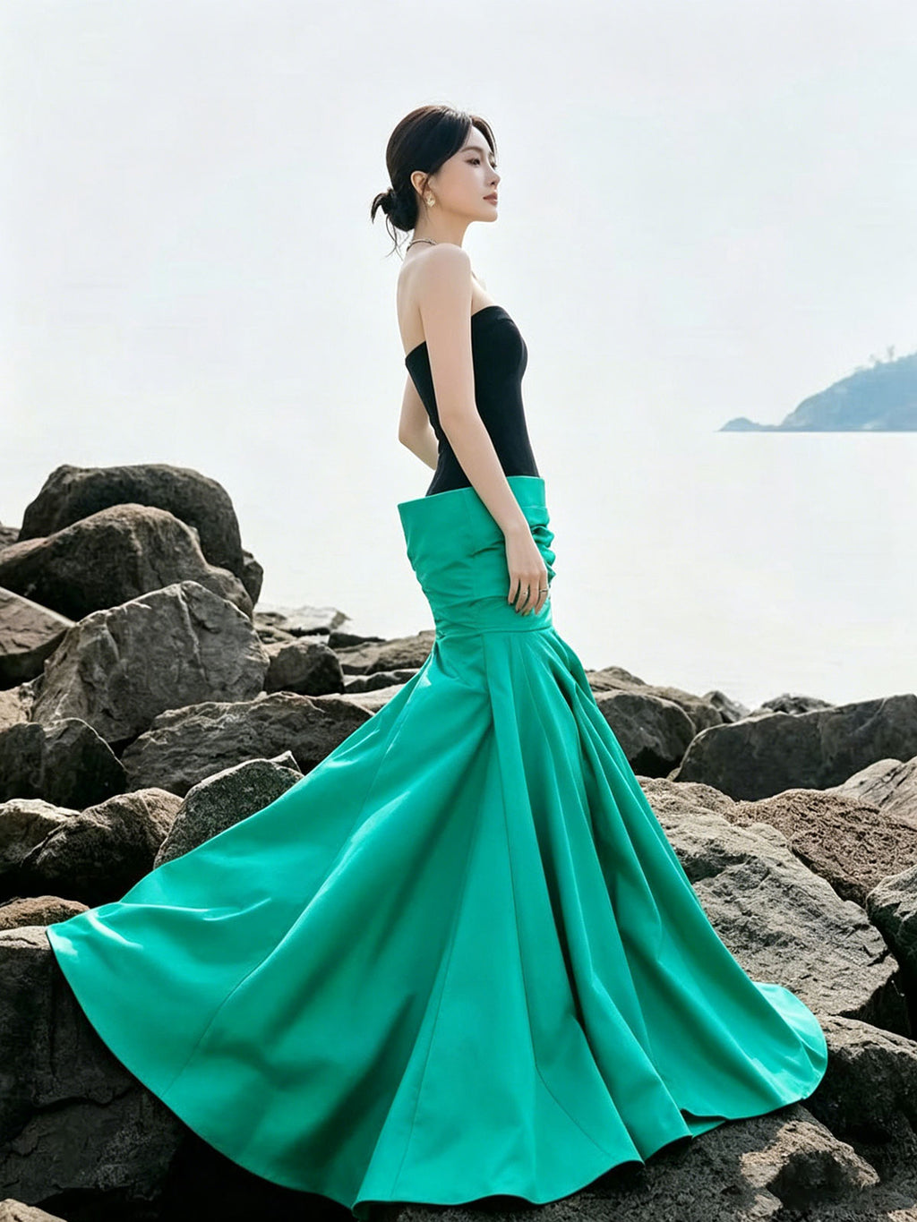 Two-Tone Satin Mermaid Gown with Folded Waist Detail
