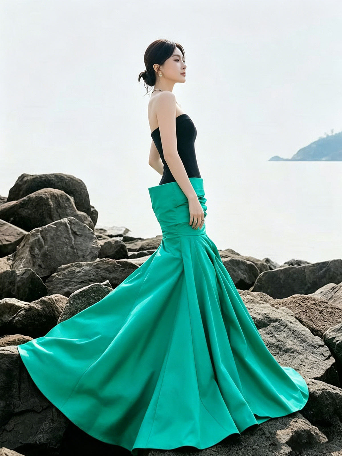 Two-Tone Satin Mermaid Gown with Folded Waist Detail