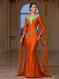 V-Neck Orange Fringe Bell Sleeve Beaded Satin Mermaid Gown