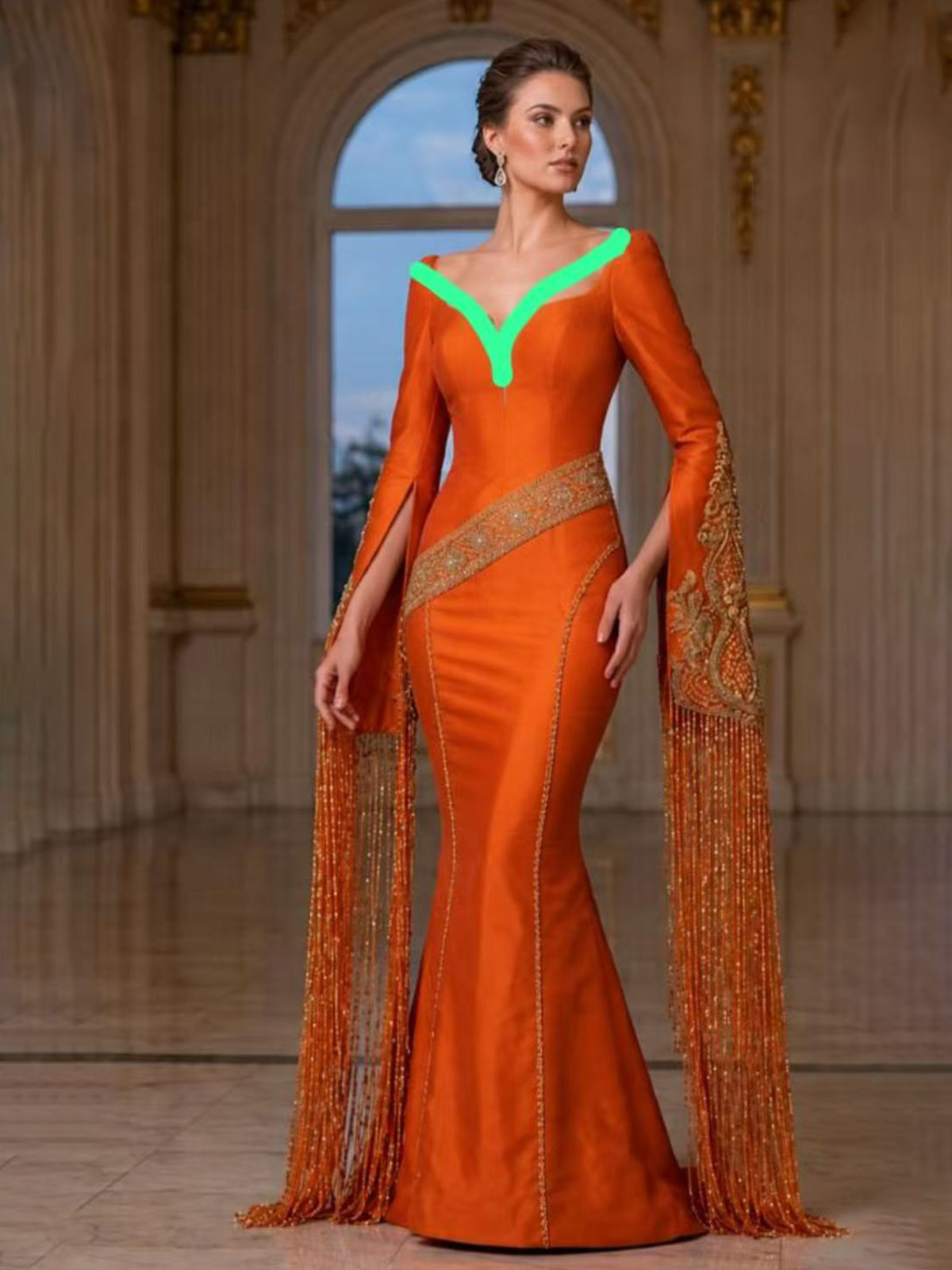 V-Neck Orange Fringe Bell Sleeve Beaded Satin Mermaid Gown