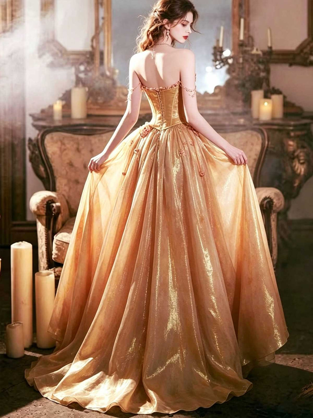 Gold Strapless Corset Ball Gown with Floral Appliqués