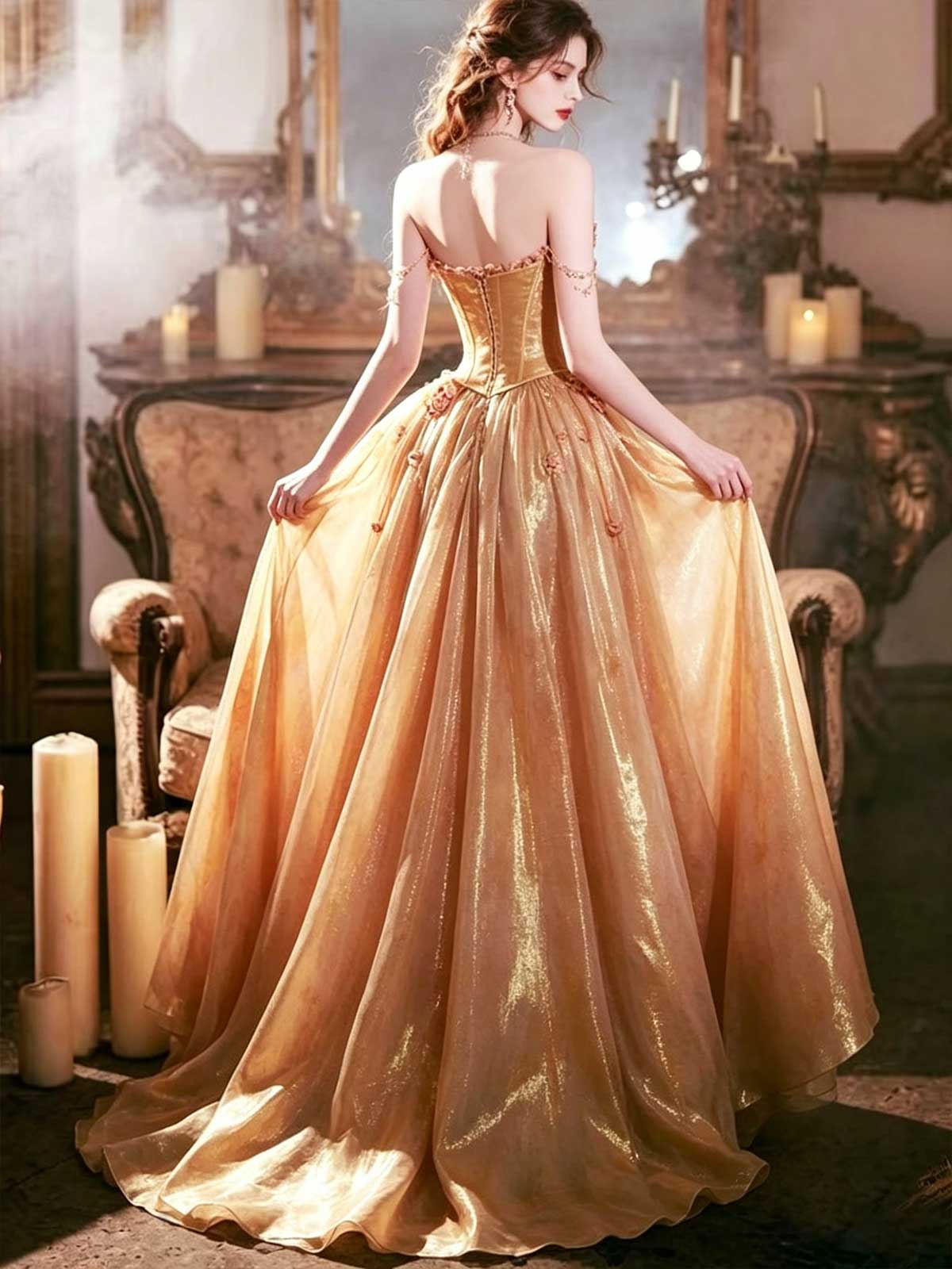 Gold Strapless Corset Ball Gown with Floral Appliqués