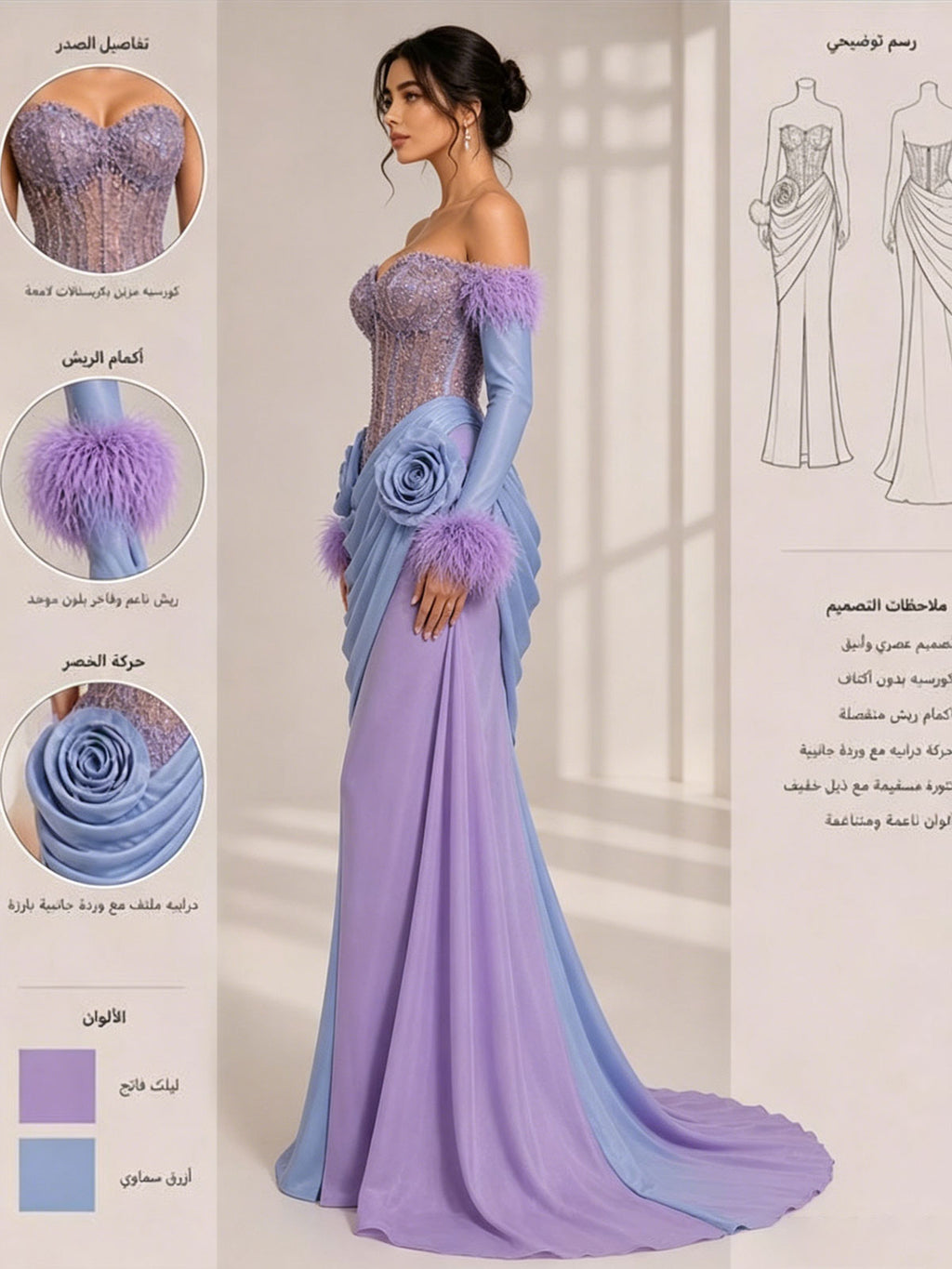 Strapless Two-Tone Feather Sleeve Rose Draped Mermaid Evening Gown