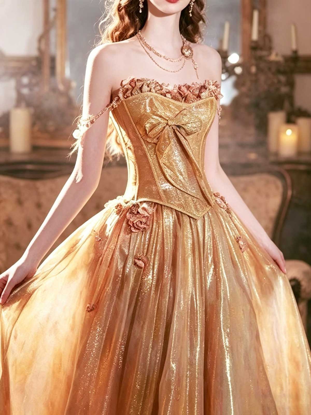 Gold Strapless Corset Ball Gown with Floral Appliqués