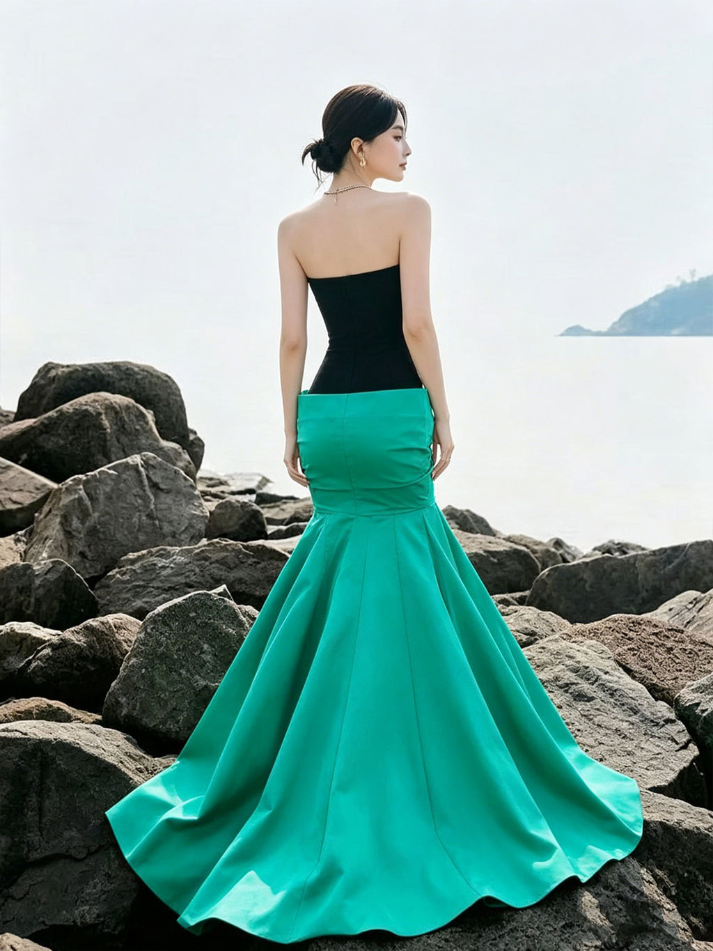 Two-Tone Satin Mermaid Gown with Folded Waist Detail