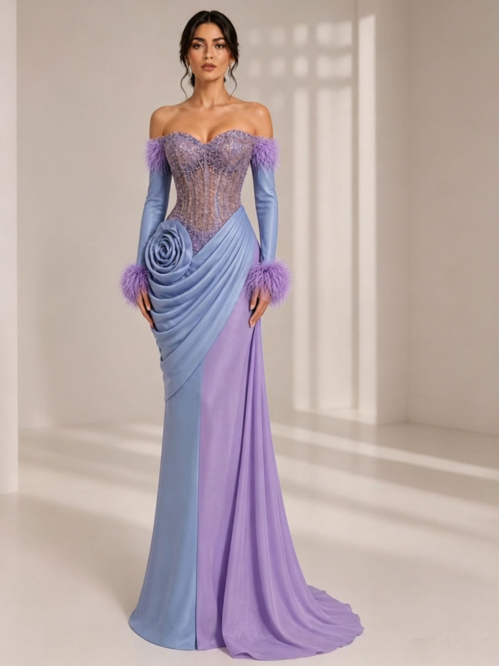 Strapless Two-Tone Feather Sleeve Rose Draped Mermaid Evening Gown
