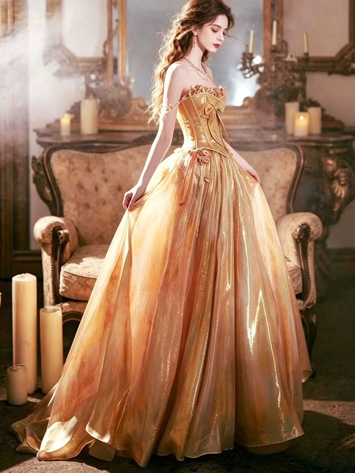 Gold Strapless Corset Ball Gown with Floral Appliqués