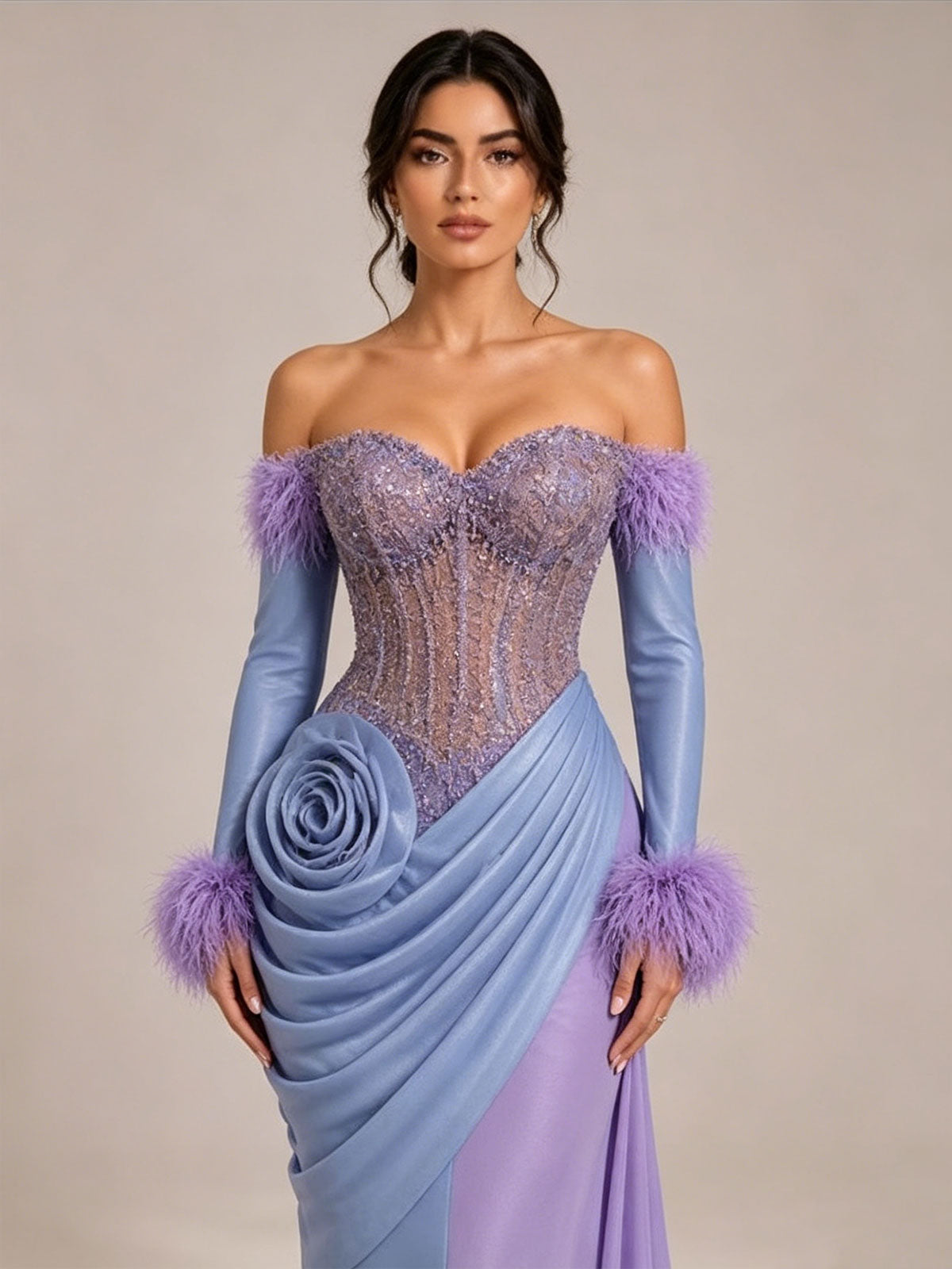 Strapless Two-Tone Feather Sleeve Rose Draped Mermaid Evening Gown