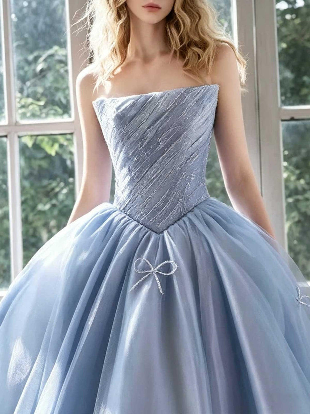 Ice Blue Strapless Tulle Ball Gown with Bow Appliqués