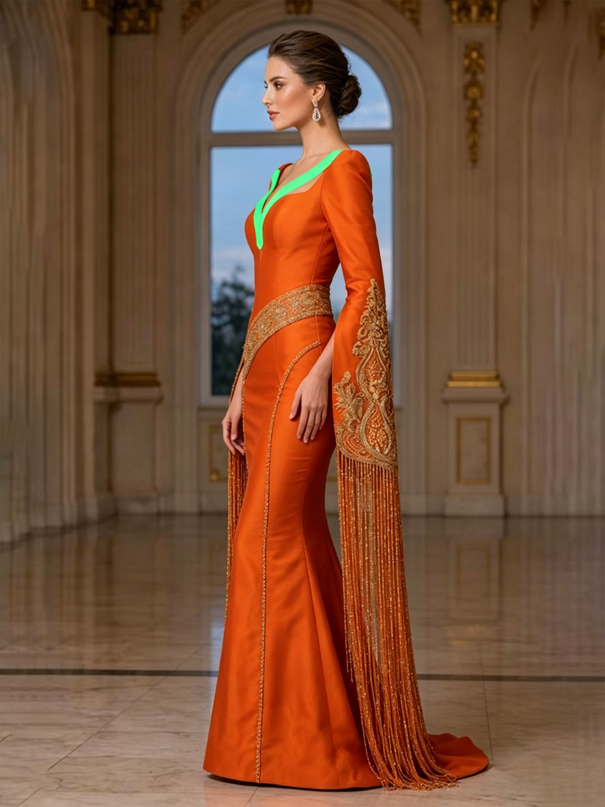 V-Neck Orange Fringe Bell Sleeve Beaded Satin Mermaid Gown
