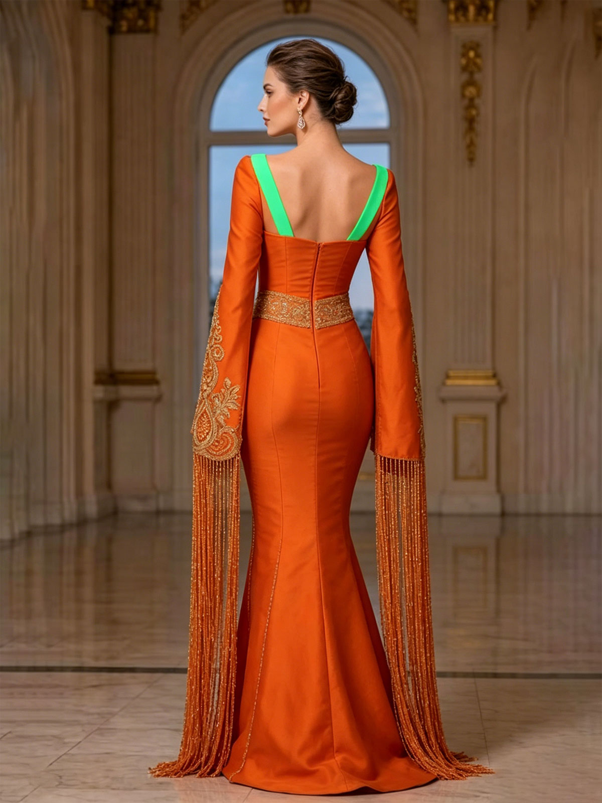 V-Neck Orange Fringe Bell Sleeve Beaded Satin Mermaid Gown