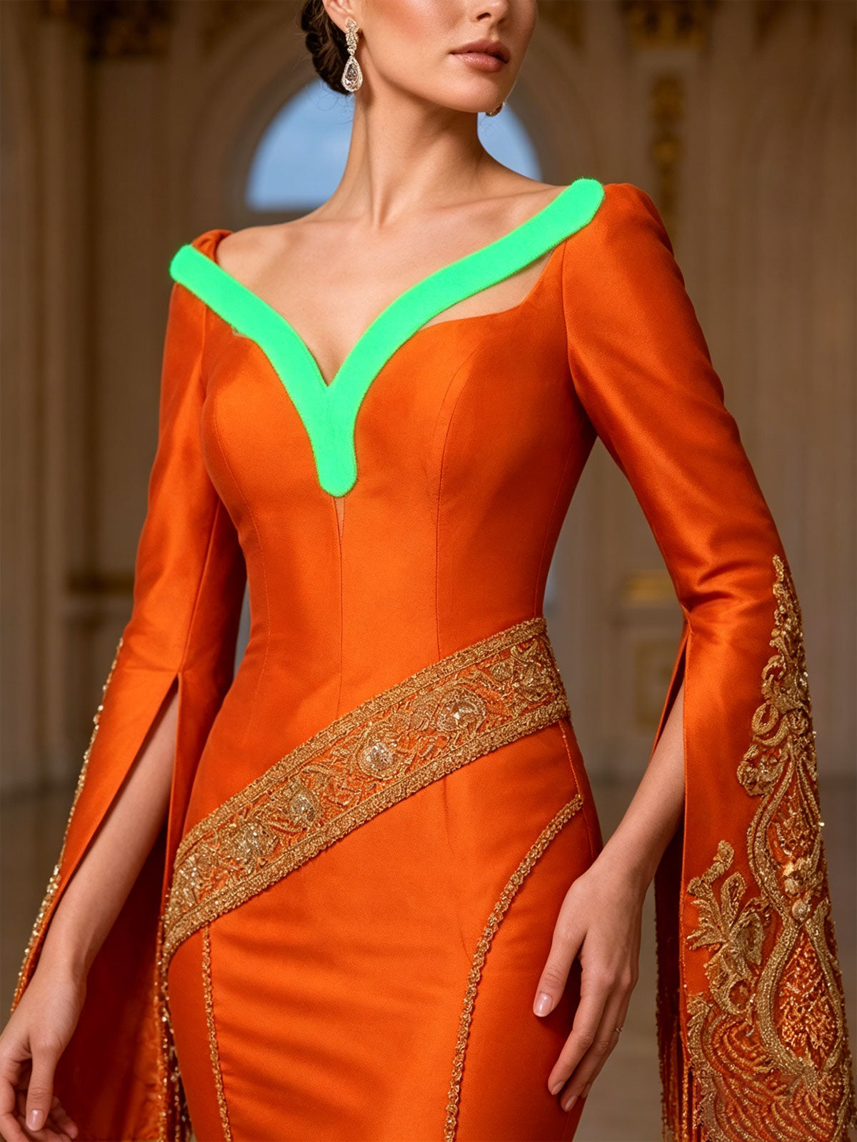 V-Neck Orange Fringe Bell Sleeve Beaded Satin Mermaid Gown