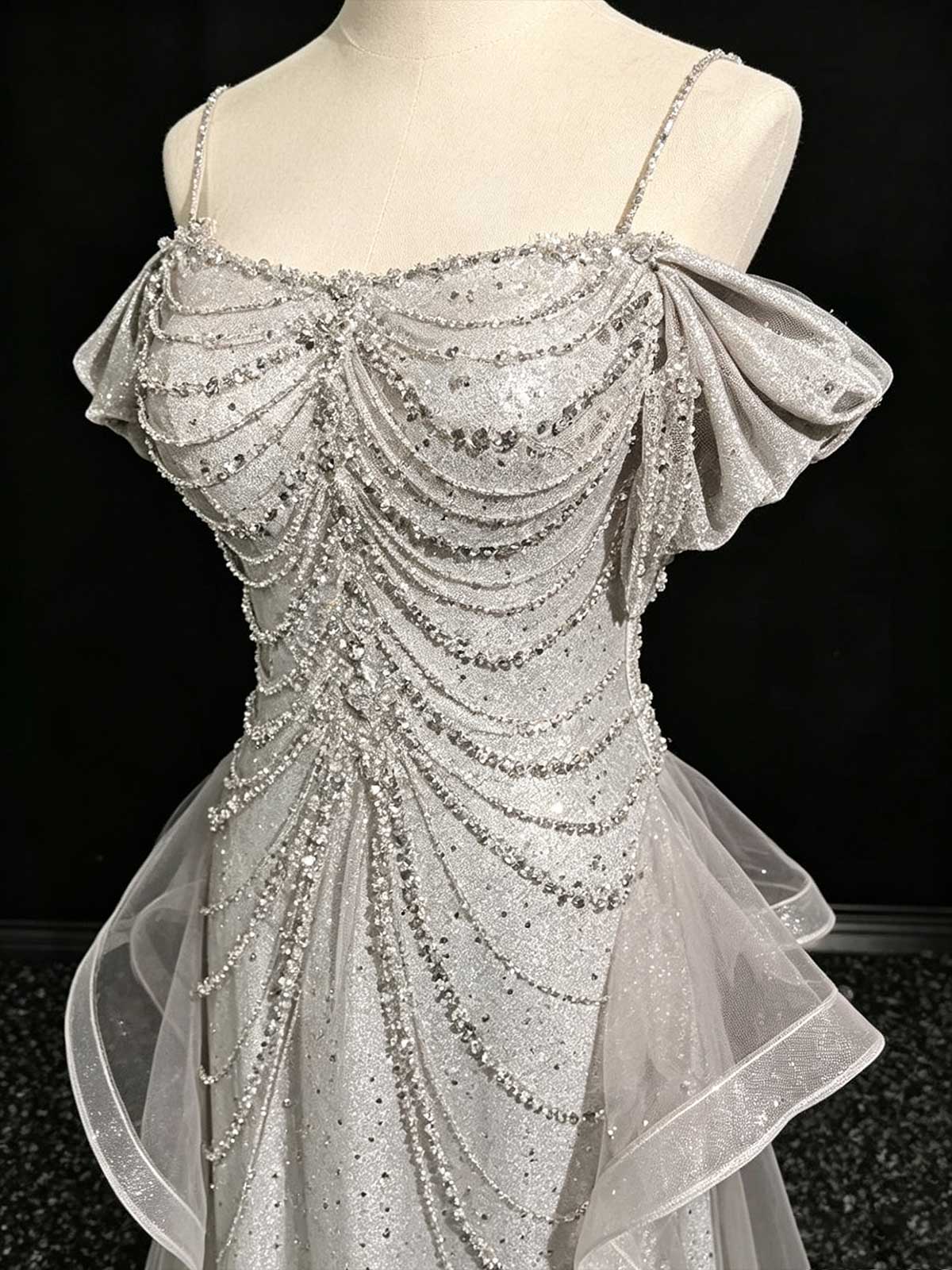 Silver Grey Spaghetti Strap Ruched Sequin Mermaid Evening Gown
