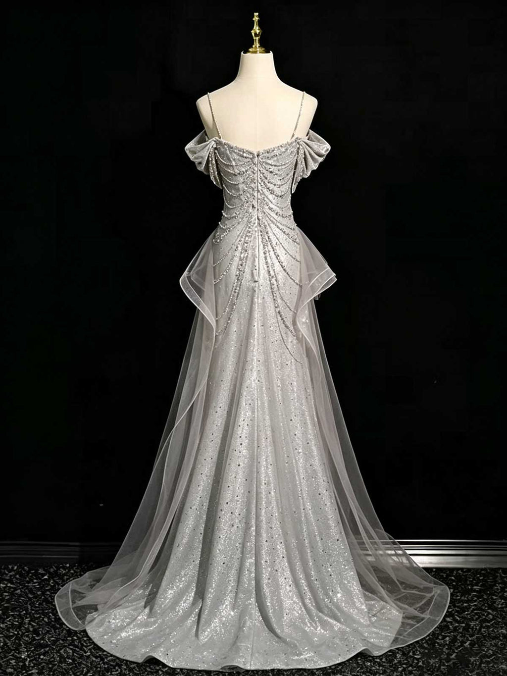 Silver Grey Spaghetti Strap Ruched Sequin Mermaid Evening Gown