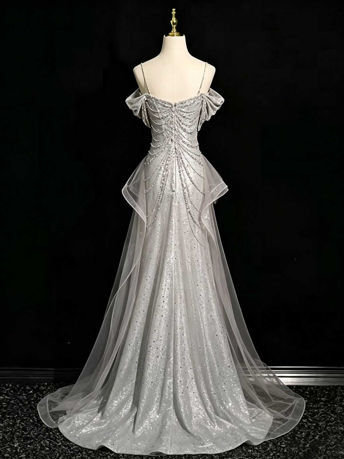 Silver Grey Spaghetti Strap Ruched Sequin Mermaid Evening Gown