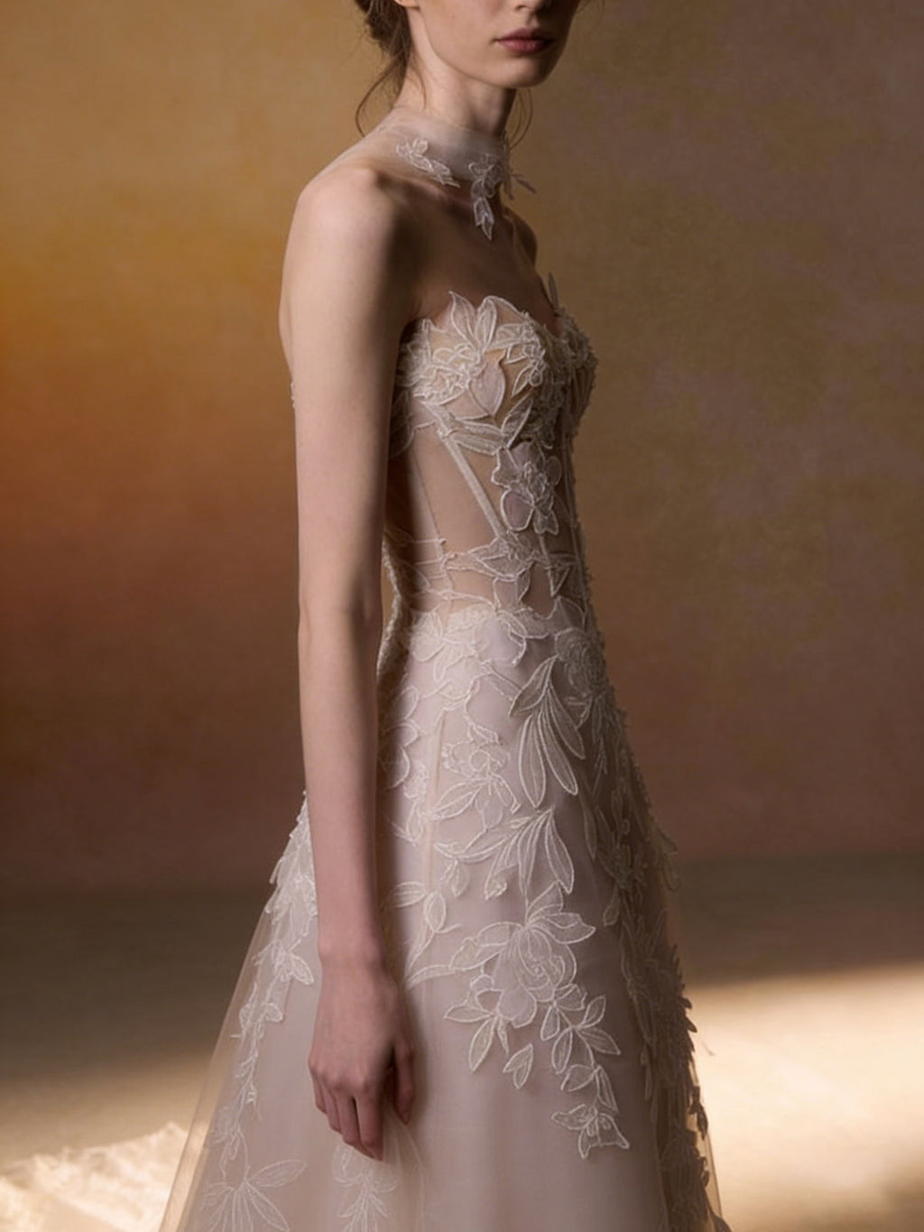 Ethereal Floral Lace Tulle Wedding Gown with Sheer Bodice