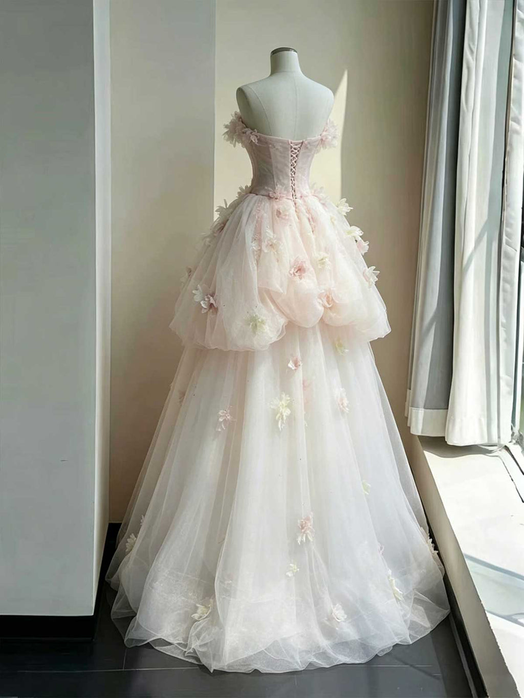 Blush Pink 3D Floral Applique Strapless A-Line Wedding Dress with Train