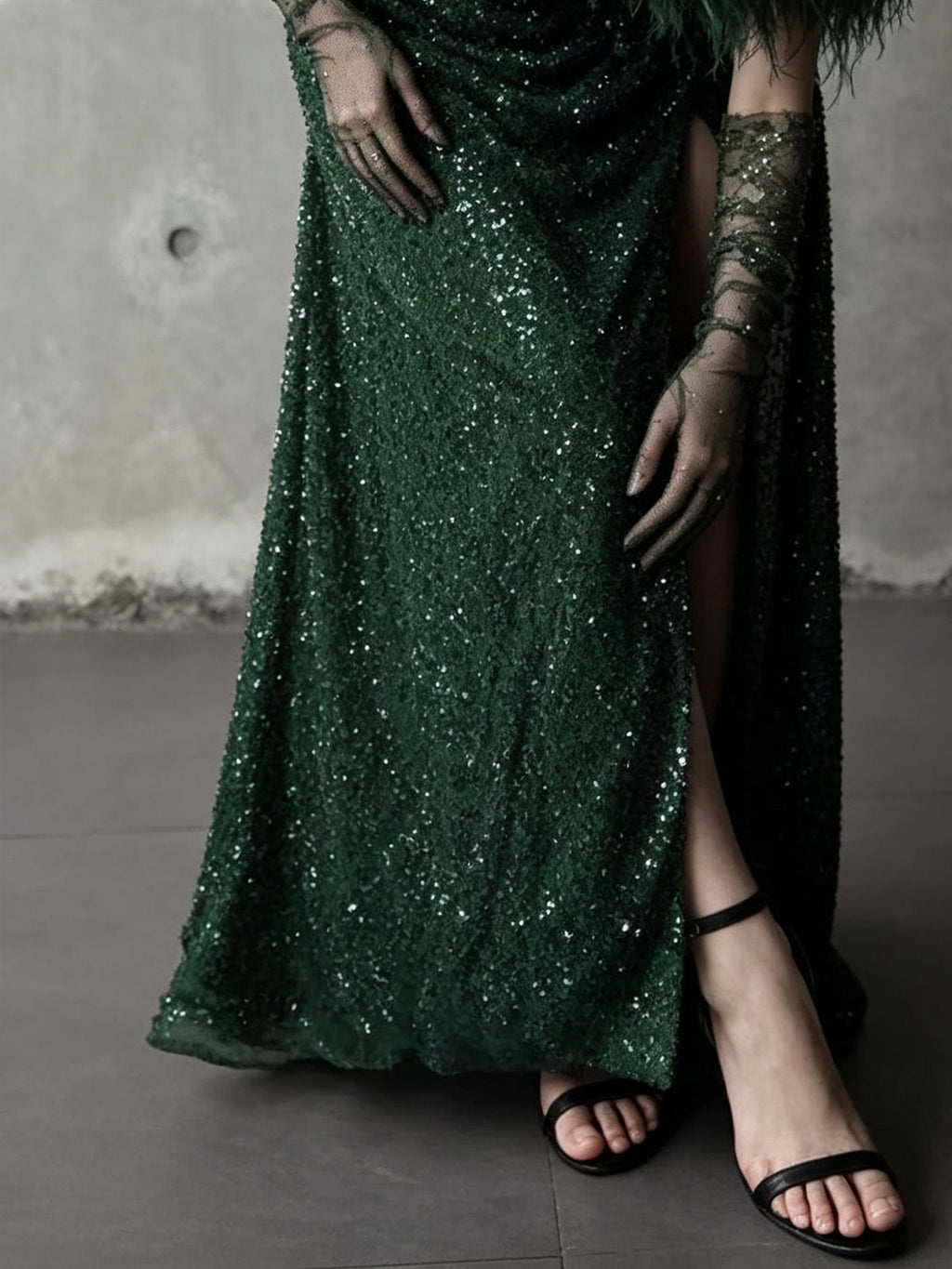Emerald Green Off-the-Shoulder Feather Trim Sequin Mermaid Evening Gown