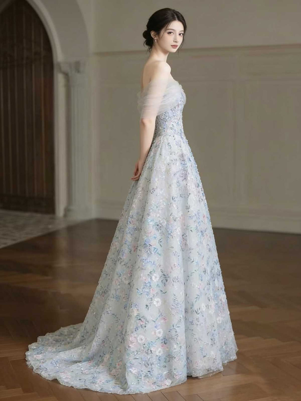 Pastel Blue Pink Floral Sequin Off-the-Shoulder A-Line Evening Gown