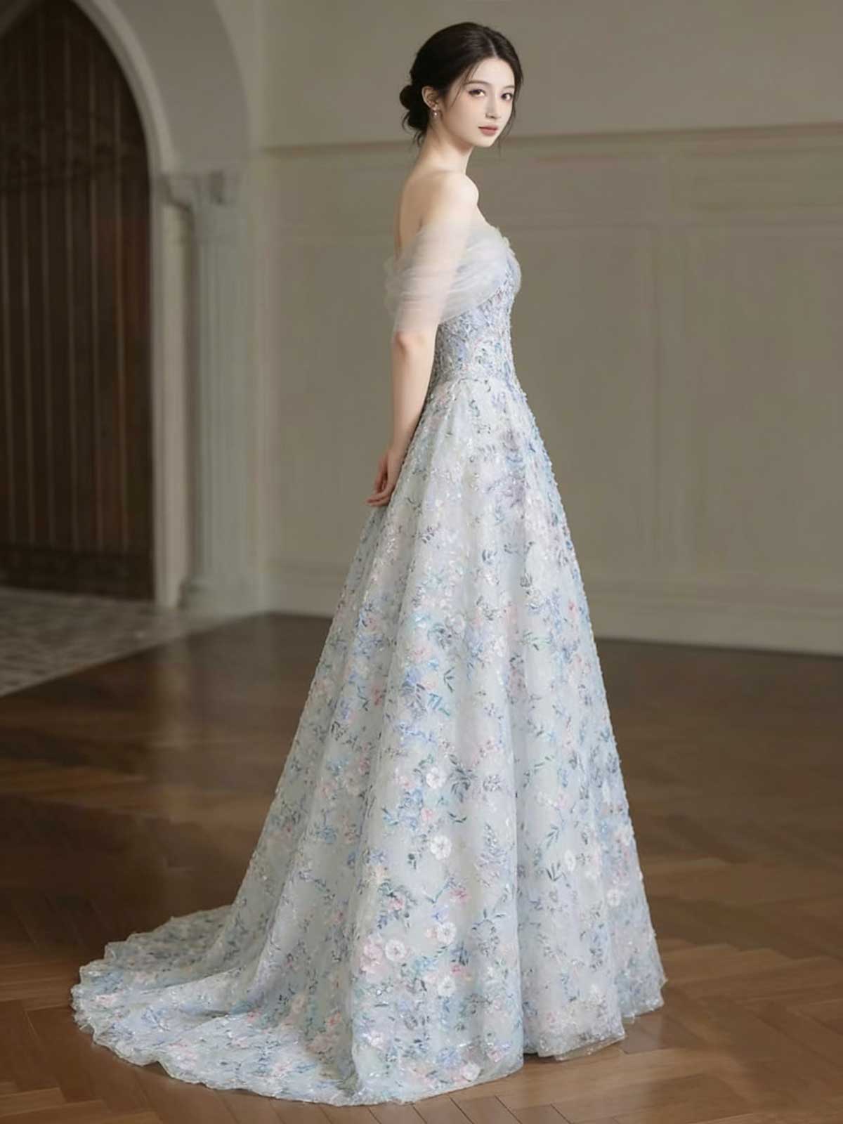 Pastel Blue Pink Floral Sequin Off-the-Shoulder A-Line Evening Gown