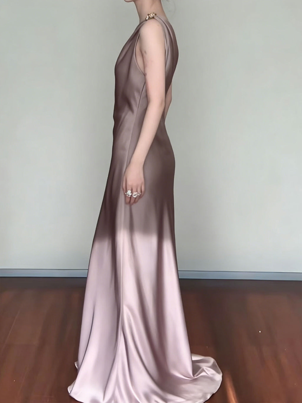 Gradient Taupe One-Shoulder Satin Maxi Dress