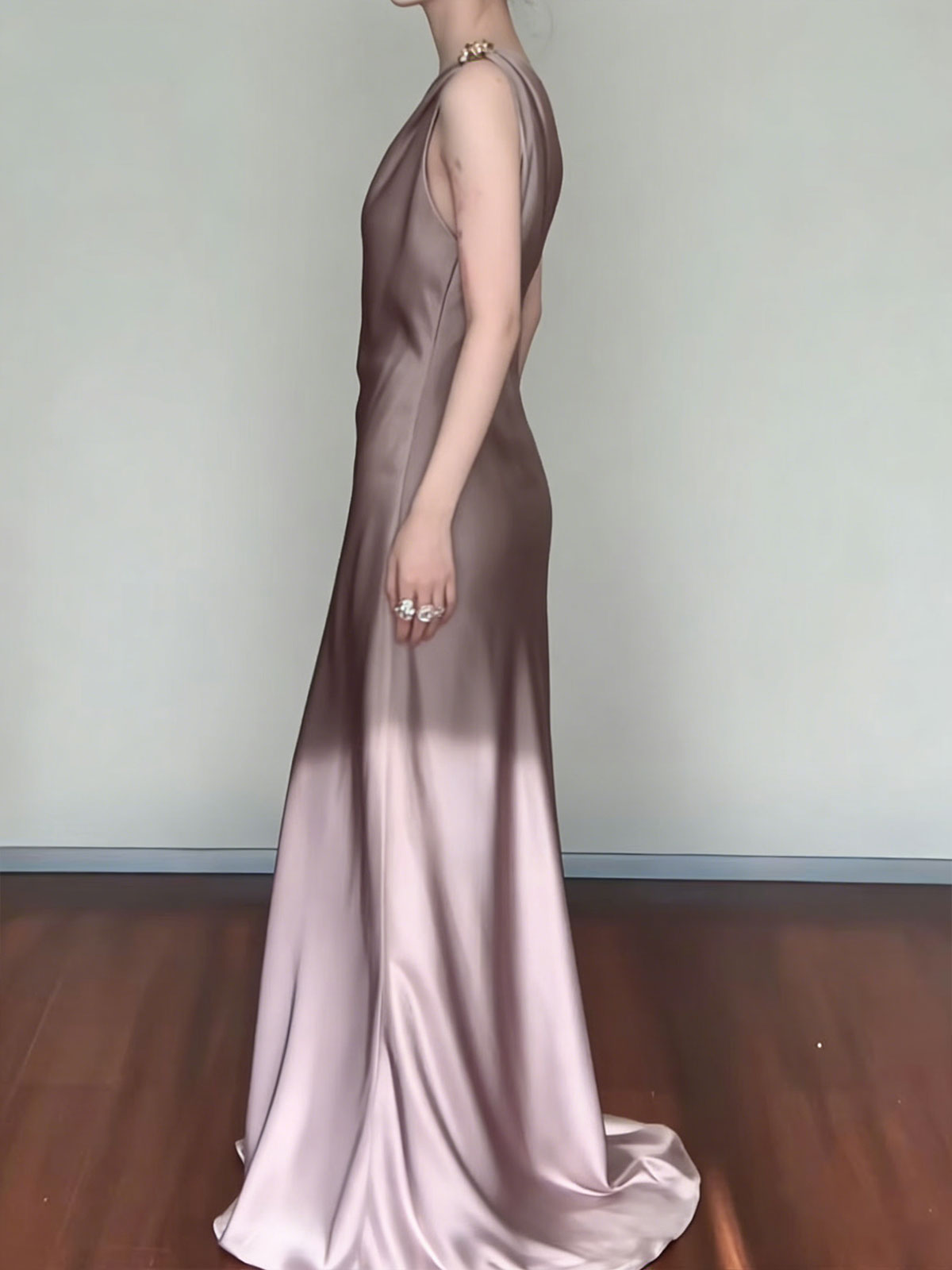 Gradient Taupe One-Shoulder Satin Maxi Dress