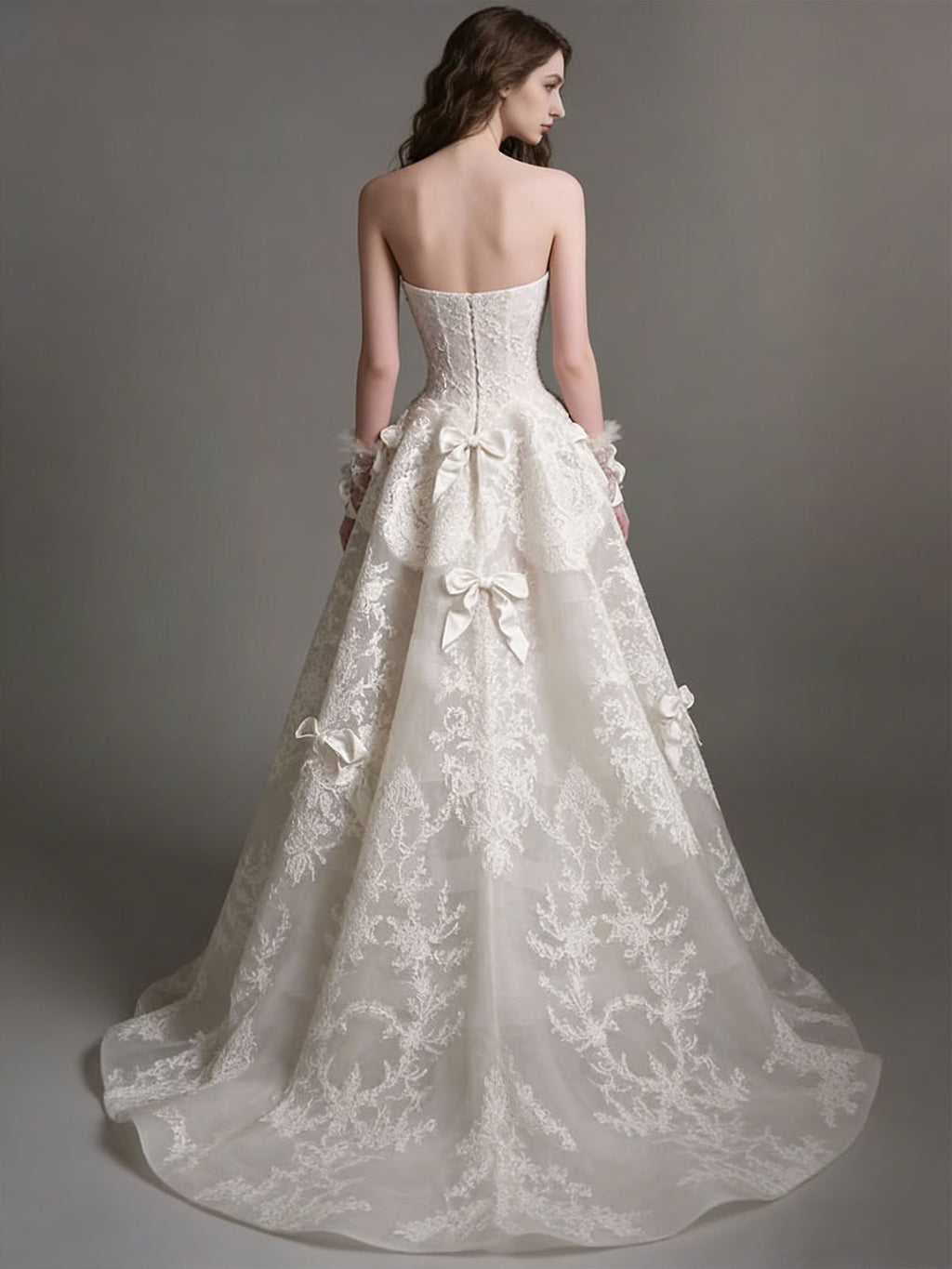 Vintage Lace Bow Strapless A-Line Wedding Dress with Train