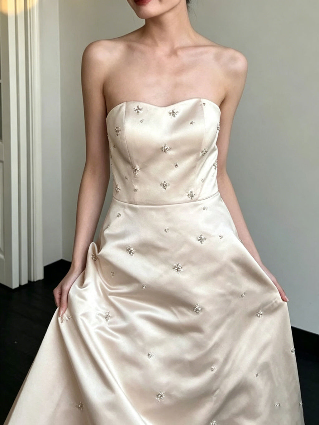 Strapless Satin Star Beaded A-Line Floor Length Evening Gown