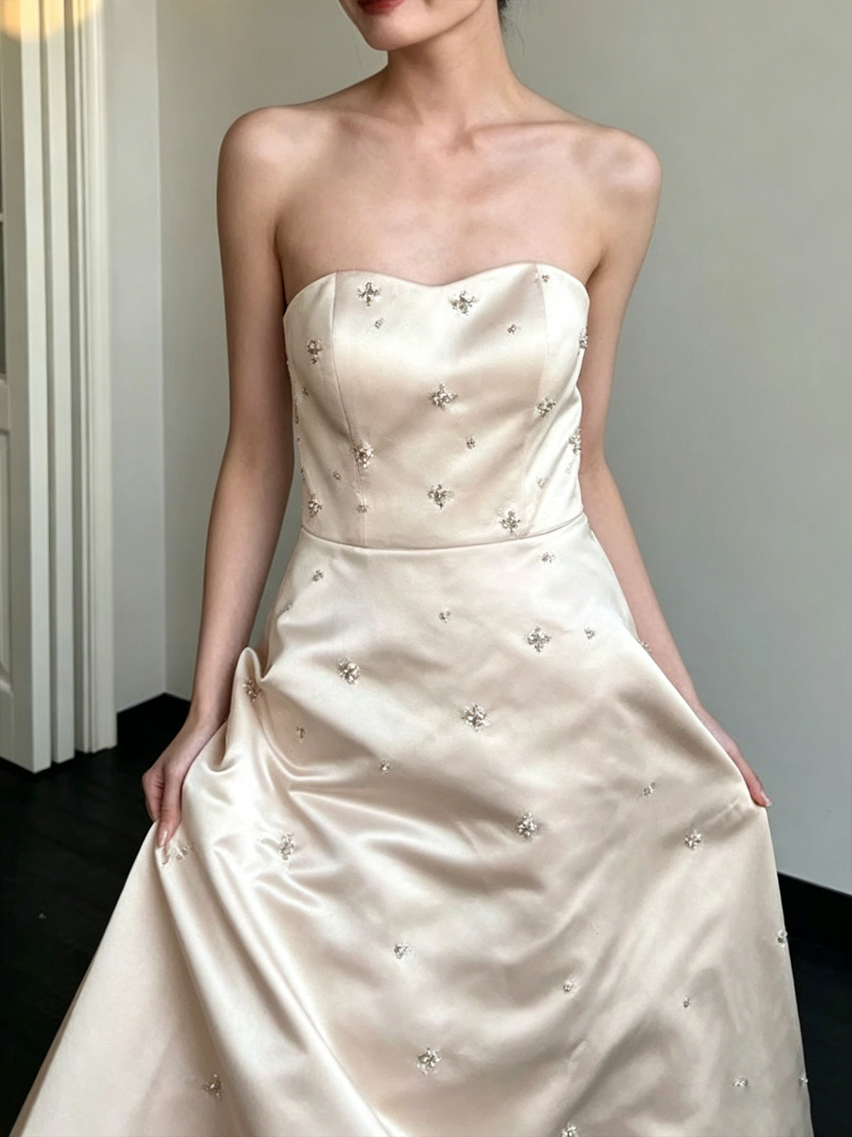Strapless Satin Star Beaded A-Line Floor Length Evening Gown