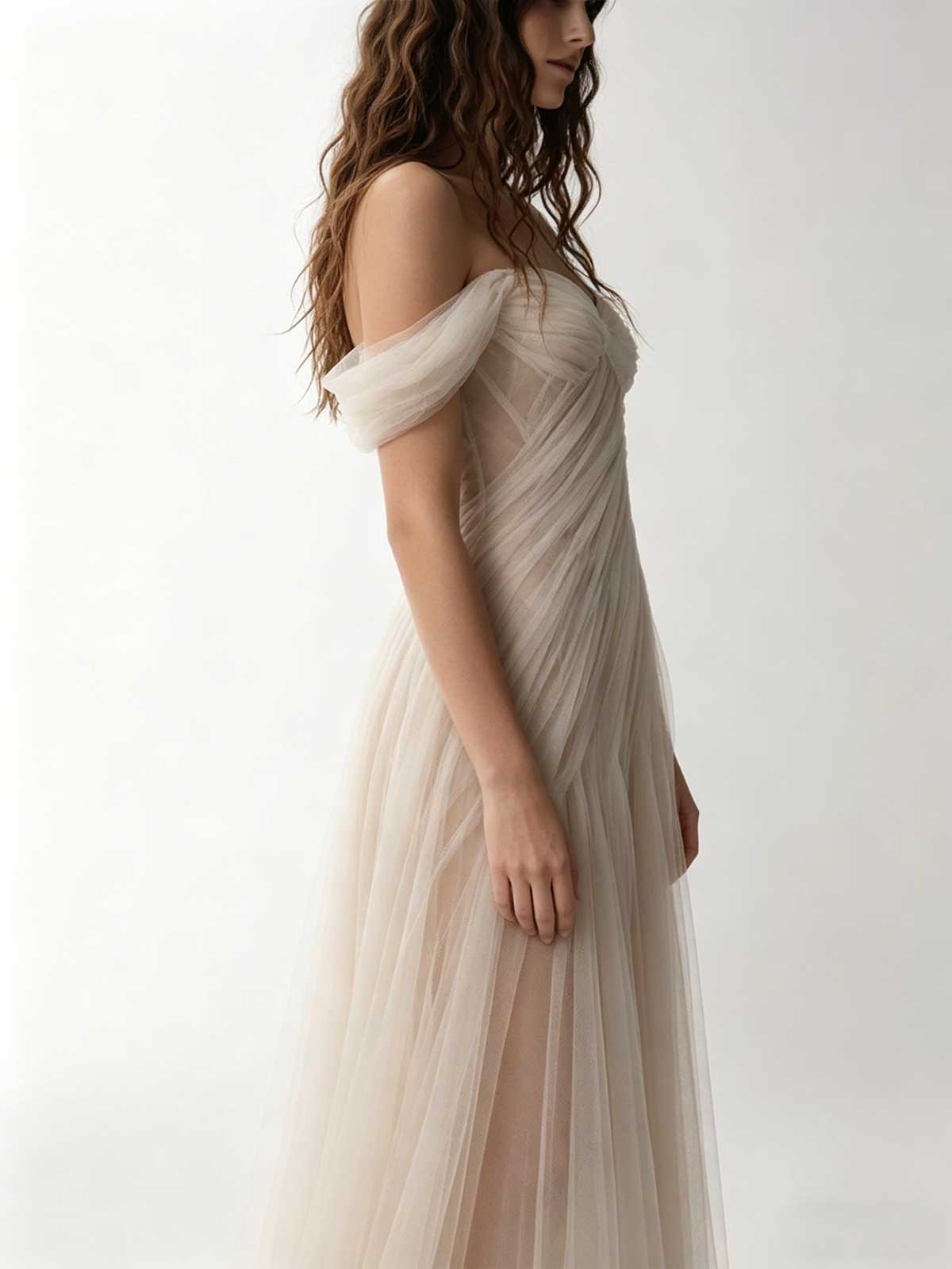 Ivory Ruched Tulle Off-the-Shoulder High Slit A-Line Wedding Dress