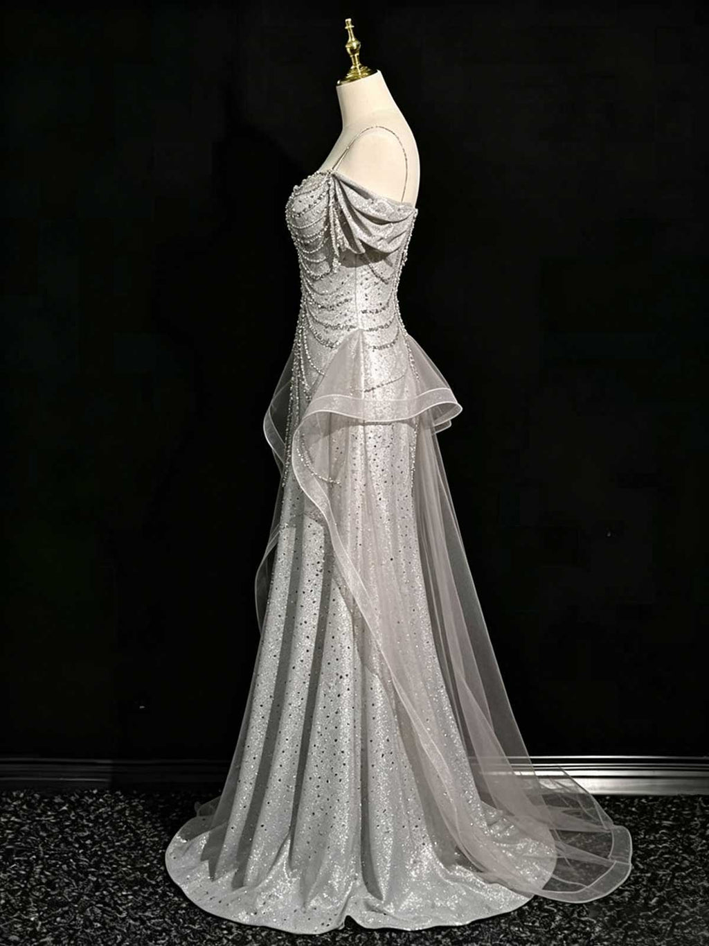 Silver Grey Spaghetti Strap Ruched Sequin Mermaid Evening Gown