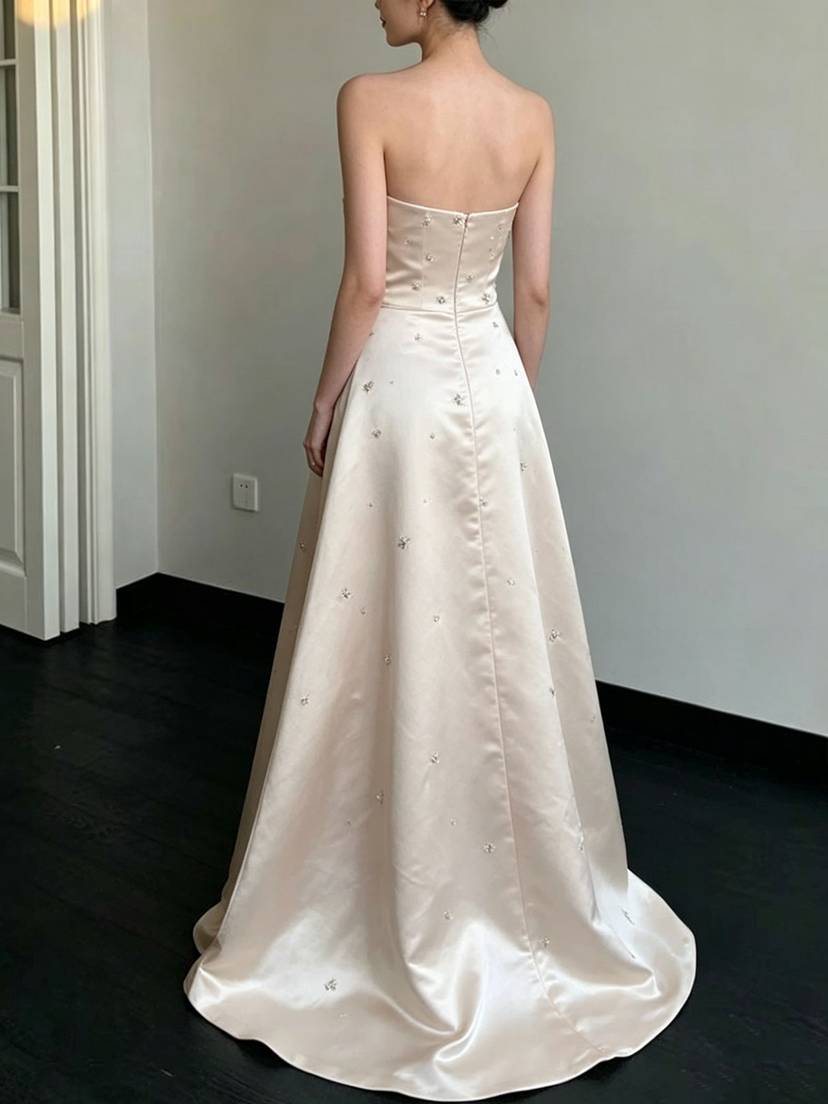 Strapless Satin Star Beaded A-Line Floor Length Evening Gown