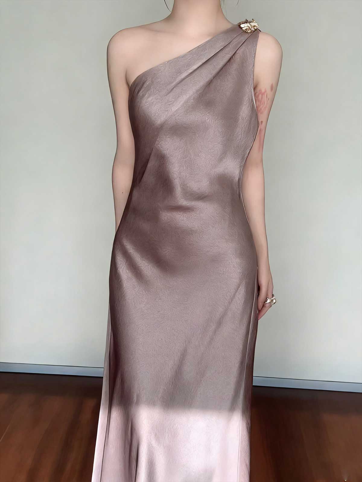 Gradient Taupe One-Shoulder Satin Maxi Dress