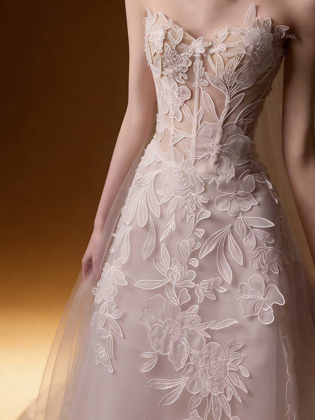 Ethereal Floral Lace Tulle Wedding Gown with Sheer Bodice