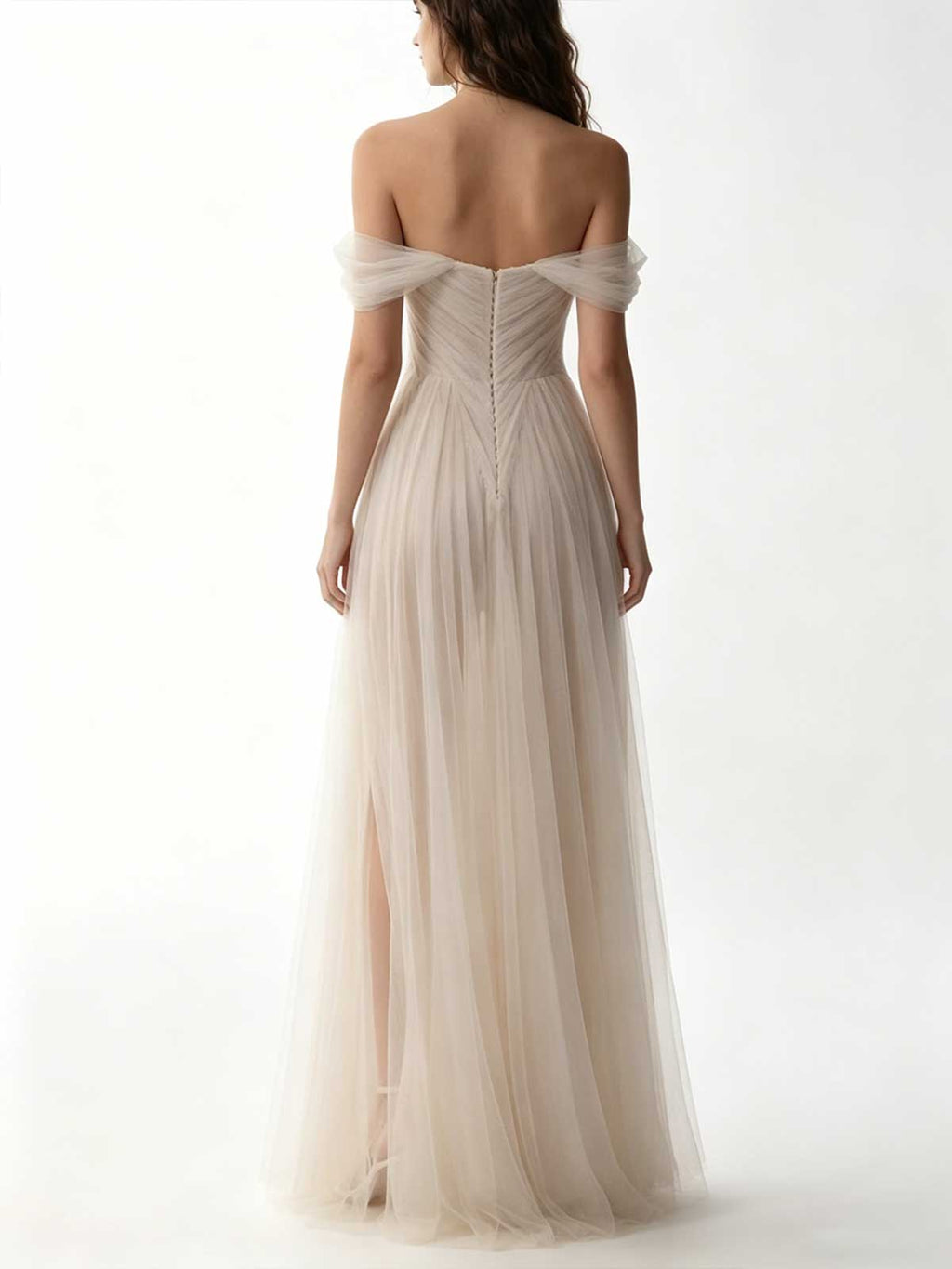 Ivory Ruched Tulle Off-the-Shoulder High Slit A-Line Wedding Dress