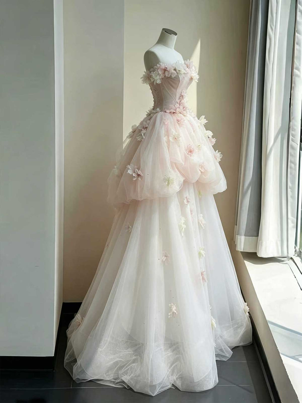Blush Pink 3D Floral Applique Strapless A-Line Wedding Dress with Train