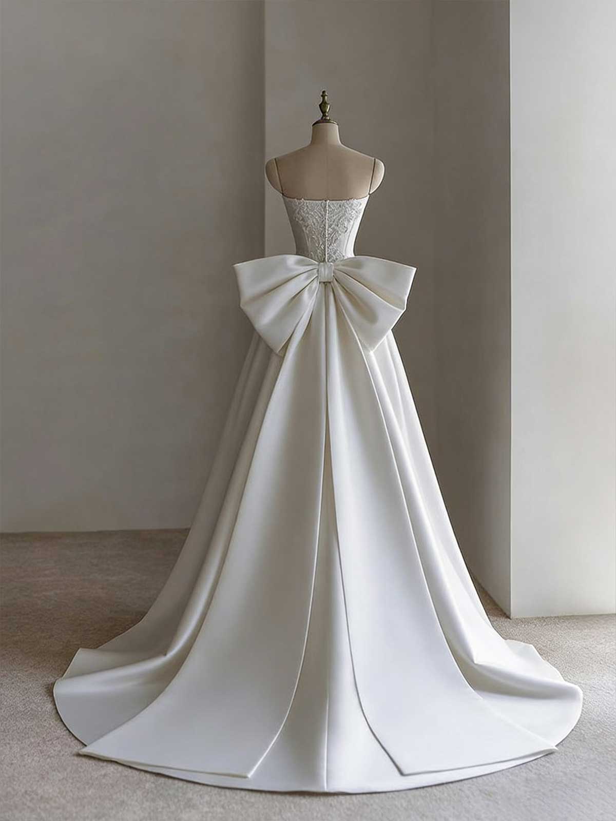 Elegant Strapless Satin Wedding Gown with Bow & Lace Embroidery