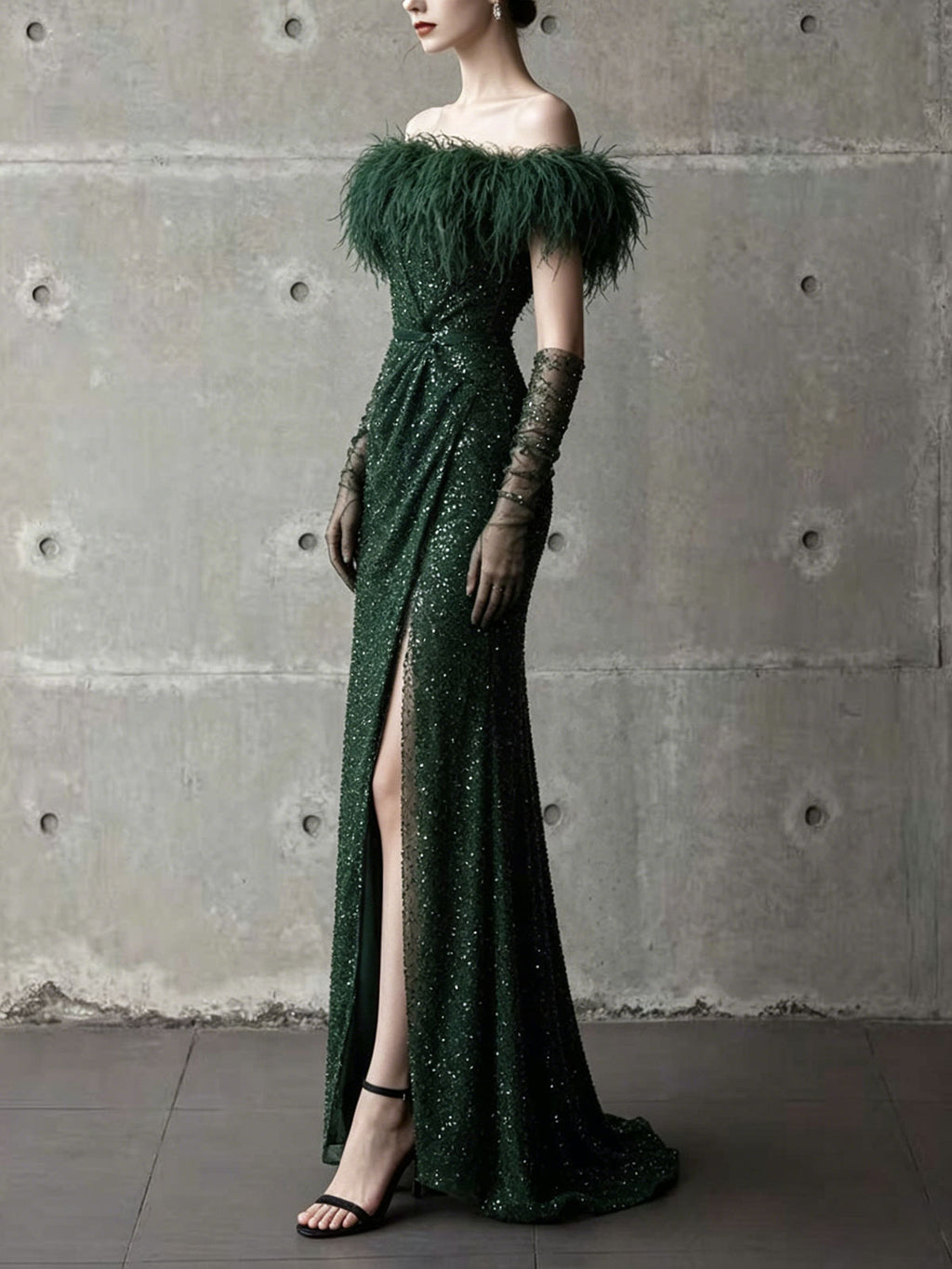 Emerald Green Off-the-Shoulder Feather Trim Sequin Mermaid Evening Gown